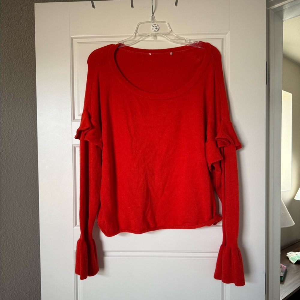 Zara Women’s Red Orange Bell Sleeves Ruffle Knit Long Sleeve Flounce Sweater - Picture 11 of 15
